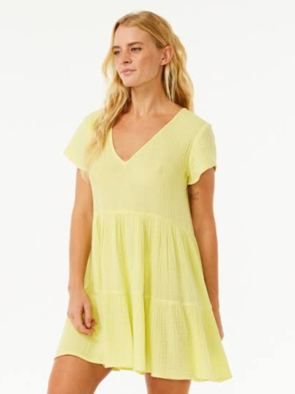 Ripcurl Lightweight Yellow V-Neck Gauzy Short Sleeve Tiered Mini Dress Size 2XL